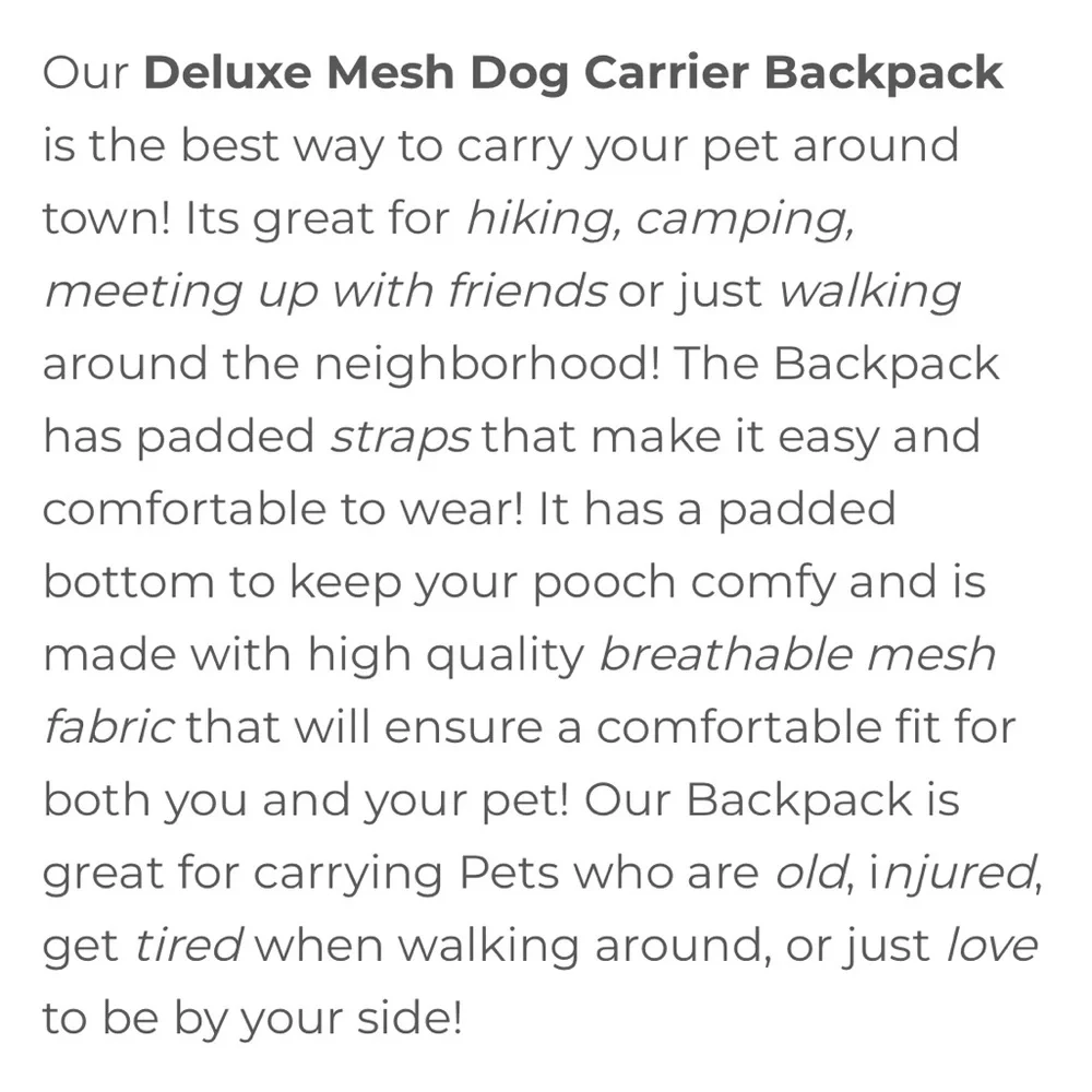 Deluxe Mesh Padded Dog Carrier Backpack- Up to 6 Pounds